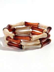 1 Set Of 3pcs Bohemian Acrylic Marble Texture Olive Green Bamboo Beaded Elastic Bracelets, Suitable For Women's Daily Wear, Gift, Holiday, Beach Jewelry - Blue - View 8