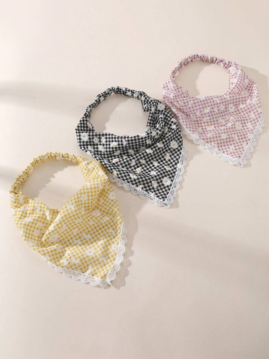 Set de 3 piezas de pañuelo y diadema con estampado floral de margaritas y cuadros para niñas - Multicolor - Ver 1