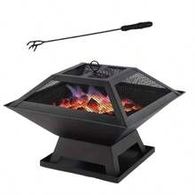 Outdoor Charcoal Pit, Equipped With A Charcoal Hook, Fireproof Cover, Portable Barbecue Grill, Fireproof Lid, And Charcoal Hook. Suitable For Barbecuing, Camping, And Backyard Use. - 黑色 - 查看 8