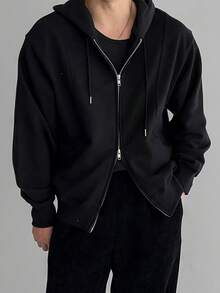 男士纯色连帽卫衣，重磅拼接设计休闲宽松套头衫，适合春秋季节及所有季节 - 黑色 - 查看 2