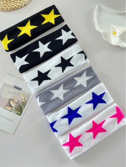 1pc Women's Simple Fashion Star Pattern Knitted Headband, Available In Black, White, Gray Bases With Yellow, Pink, Blue Colored Stars, Soft Material, Wide Design For Hairstyling, Suitable For Daily And Sports Scenes, Adding Youthful Vitality To Your Look, A Practical And Eye-Catching Accessory,Gifts,Travel,Gifts For Women,Hair Stuff,Stocking Stuffers