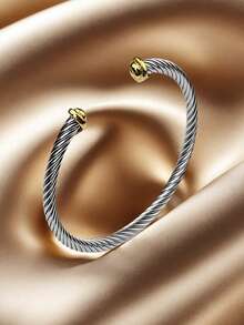 1pc Classic Minimalist 5mm Stainless Steel Cable Twist Adjustable Open Bangle, 18K Gold Plated, Suitable For Women's Daily Wear