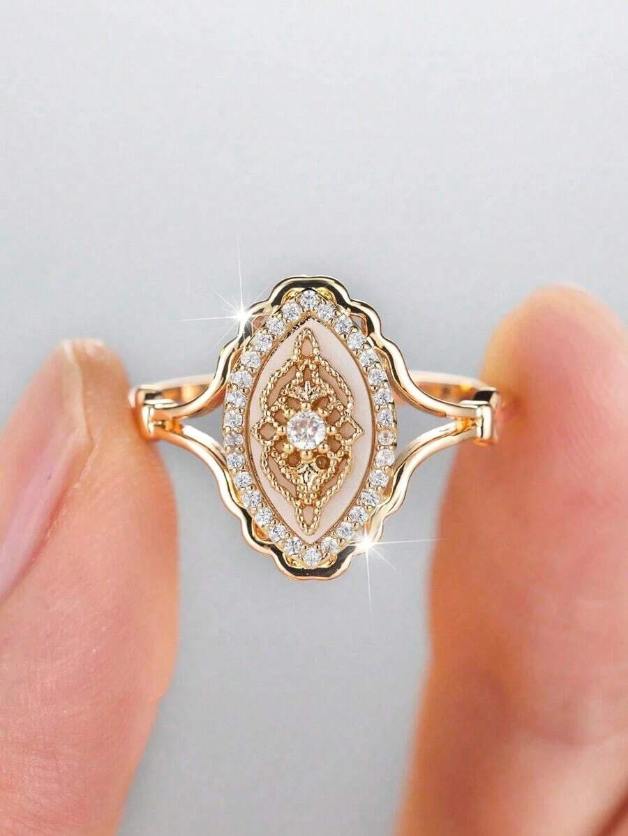 Tsnamer 1pc Vintage Mother Of Pearl Ring Anniversary Wedding Ring Statement Ring Promise Ring Jewelry Gifts - 金色 - 查看 1