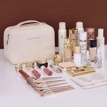 Bolsa de Cosméticos Shifuni Bolsa de Cosméticos de Couro PU Zíper Quadrado Bolsa de Higiene Pessoal Multifunciona - Rosa chiclete - Visão 4