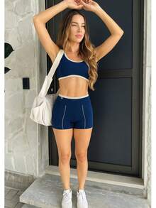 Women's Fitness Set Cropped Top + High Waist Shorts - Màu xanh hải quân - Xem 5