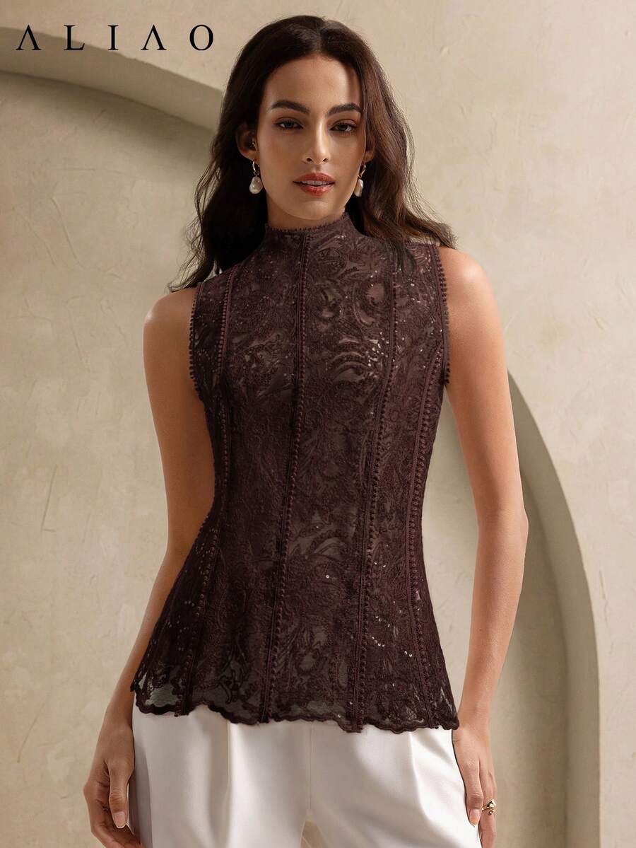 Aliao 佩斯利刺绣透视浪漫无袖网纱拼接吊带背心，优雅性感女式上衣，夏季穿搭，适合通勤、度假、浪漫婚礼季、情人节等场合。 - 棕色 - 查看 1
