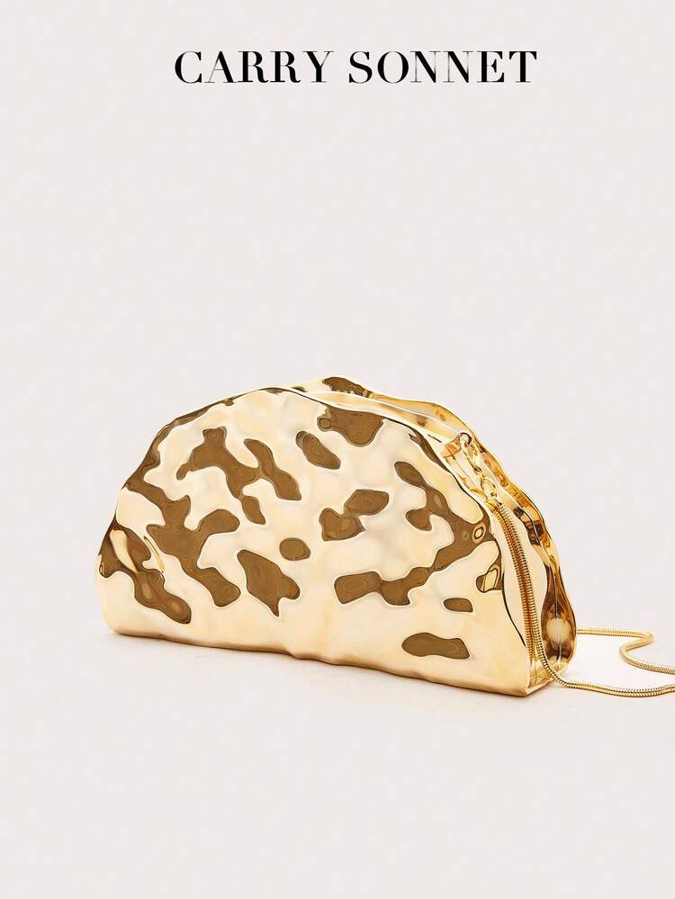 Bolsa Transversal de Ombro Assimétrica com Textura de Metal, Fechamento por Pressão, Bolsa de Festa Luxuosa para Mulheres, Perfeita para Casamentos, Festas, Drinques, Galas e Feriados, Item Essencial para o Outono e Inverno - Dourado - Visão 4