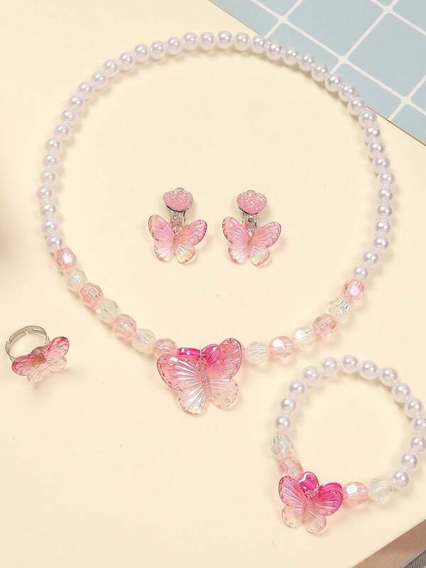 5pcs/Set Colorful Butterfly Jewelry Set For Teen - Necklace, Bracelet, Earrings, Ring, Fun Daily Accessories For Girls