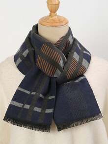 1 件经典条纹和格子印花保暖厚围巾，男女通用时尚休闲情侣围脖，适合日常穿着，秋冬 - 藏蓝色 - 查看 4