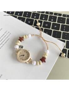1 Piece Women's Beaded Strap Small Dial Simple Ins Niche High-value Simple Quartz Watch Suitable For Students and Lady to Wear Daily - 白色 - 查看 3