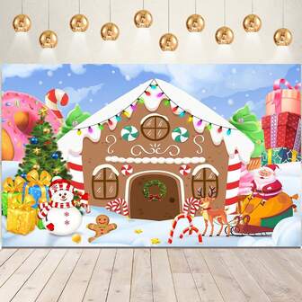 1pc Christmas Background Banner, 82.7*59.1/59.1*39.4/39.4*29.5 Inches Winter Santa Claus Reindeer Snowman Candy Gift Christmas Gingerbread House Background Suitable For Christmas Party, Photography Background, Wall Sign, Yard Sign, Winter New Year Christmas Eve Christmas Party Decoration