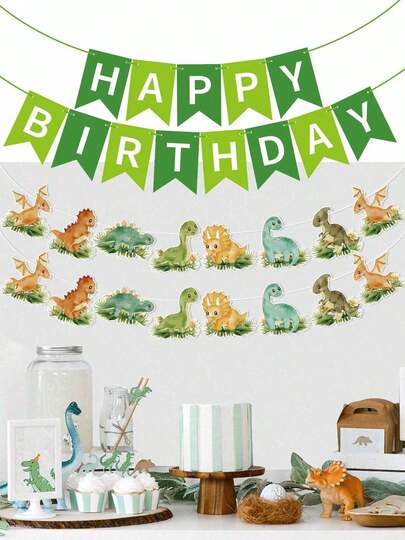 1 pieza Banderín multicolor de feliz cumpleaños, decoración de banderines con temática de dinosaurios, suministros de fiesta de colores de macarrón, decoración de habitación