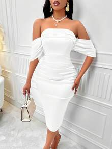 AIJ Vestido ajustado de unicolor elegante con hombros descubiertos y fruncido de Amarilo - Blanco - Ver 6