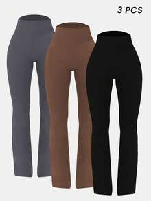 Sodalemon Women Training Fitness 3Pcs Yoga Gym Pants Set Solid Color Butt Liftting Running Casual Sport Flare Pants Tights - Multicolor - View 2