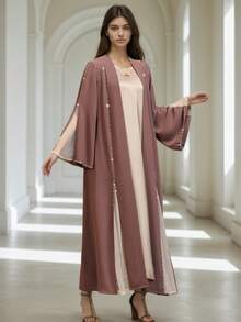 BEAUTY AMINAH 4078 Áo khoác cardigan dài hở trước đính hạt màu nâu + tay áo mỏng, áo khoác ngoài xếp nếp - Màu nâu - Xem 6