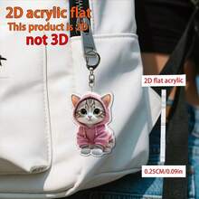 2D Flat, 1 Cute Pink Hoodie Kitten Keychain - Flat 2D Acrylic Keychain, Waterproof Bag Accessory, Women's Birthday Gift, Cat Enthusiast - Compact Wallet Accessory, Lively Design, Durable Buckle - 1pc - View 8