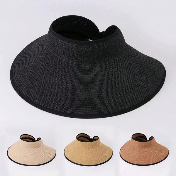 Women's Wide-Brim Sun Hat - Breathable Straw Weave Texture With Elastic Headband, Ideal For Running/Gardening/Beach Activities. Outdoor Sports Hat With Lightweight Hair-Protecting Design. Available In Black/Beige/Khaki/Brown.