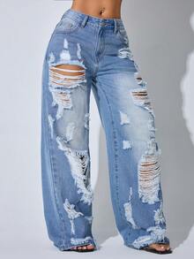 Low Waist Wide Leg Casual Blue Distressed Slant Pocket Curved Hem Women Jeans