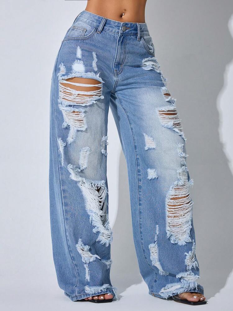 Calça Denim Feminina Casual de Cintura Baixa, Perna Larga, Azul Desgastada, Bolso Diagonal, Bainha Curva, Ideal para Férias de Verão e Primavera - Azul - Visão 3