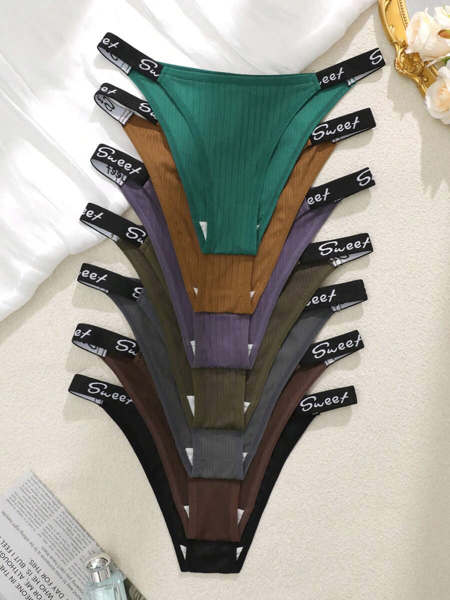 7pcs Women's Ribbed English Letter Waistband Bikini Panties