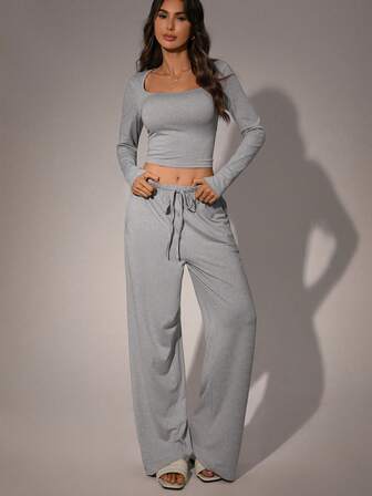 Meguma 2pcs Women Casual Set, Square Neck Long Sleeve Crop Top Paired With Wide Leg Pants, Minimalist Leisure Wear For Daily Home Use, Fall Winter Clothes