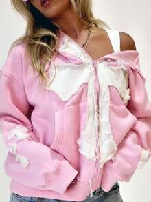 Women Y2K Vintage Cross Zip Hoodie Star Embroidery Patchwork Long Sleeve Oversized Sweatshirt Casual Lightweight Drop Shoulder Hooded Jacket Fashion Preppy Pullover Tops Fall Clothes For Streetwear - 粉色 - 查看 3