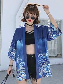 Chinese Style Retro Improved Hanfu Cardigan, New Chinese Open Jacket, Summer Kimono Robe, Lightweight Casual Outerwear - Blue - View 2