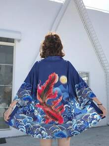 Chinese Style Retro Improved Hanfu Cardigan, New Chinese Open Jacket, Summer Kimono Robe, Lightweight Casual Outerwear - Blue - View 3