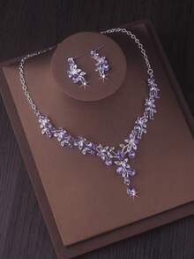 Bridal Jewelry Set - High-End Purple Crown Headpiece, Pendant Necklace, Earrings, Elegant Bridal Wedding Dress Accessories