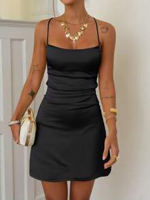 Elegant Satin Spaghetti Strap Mini Dress,Sexy Back-Tie Design & A-Line Party Dress, Y2k Spring Break Summer Outfits,Suitable For Cocktail, Bar, Evening Events,Wedding Guest - Black - View 5