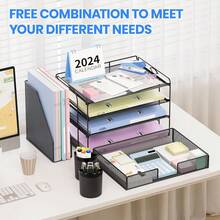 2025Desk Organizer And Accessories, 4-Tier Desktop File Organizer With Drawer And 2 Pen Holders, Office Desk Accessories, Workspace Organizers For Office Supplies(Black) - Dark Blue - View 10