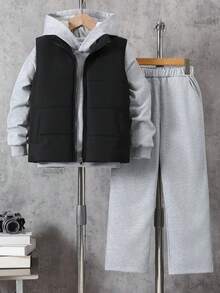 3 件套青少年男孩休闲时尚无袖背心、长袖连帽运动衫和直筒修身裤，秋冬 - 灰色 - 查看 3