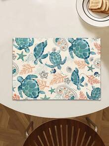 1pc Sea Turtle Themed Printed Table Runner, 4pcs Animal Sea Turtle Printed Placemats, Suitable For Holidays, Parties, Birthdays, Dinners, Kitchen & Dining Room Table Decor, All Season Home & Living Decor