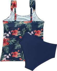 High Waisted Ruffle Tankini Swimsuit Plus Size Tummy Control - 海軍藍色花卉 - 查看 11