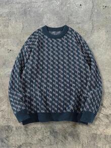 Men's Casual Retro Jacquard Crew Neck Long Sleeve Knit Sweater, Autumn/Winter, European/American/Asian Style