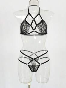 2pcs Dark Styled Sexy Lingerie Set For WomenNina Bonheur 3pcs/Set Women's Sexy Lace Bra And Panties Set, With Underwire And Without Padding - Black - View 5