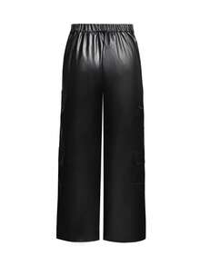 Yuwenier Rave PU Leather Flap Pocket High Waist Straight Leg Cargo Pants Stretchy Button Front Elastic Waist Trousers Halloween's Party Club Carnival Outfits - Black - View 4