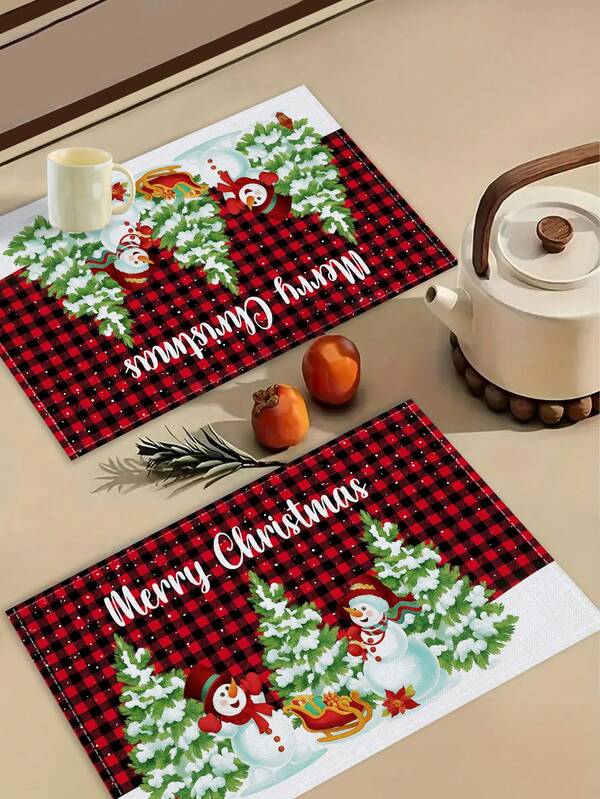 Juego de 1/2/4/6/8 manteles individuales y caminos de mesa con diseño de muñeco de nieve y árbol de Navidad, de tamaño 12 x 18 pies, individuales rectangulares aislados de lino para decoración del hogar, fiestas, reuniones festivas, Navidad, cocina, restaurante y decoración de mesa en el hogar