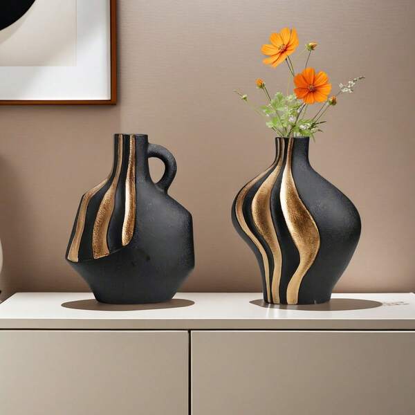 Modern Black Ceramic Gold Flower Vase Art Flower Arrangement Vase Living Room Desktop Decoration Ornament Nordic Bedroom Dining Table White Gold Flower Vase Decoration Gifts Birthday Graduation Home Decor Back To School Room Decor School Supplies Glass Vase