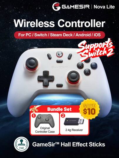  Controlador de juego GameSir para PC, compatible con 2 mandos, joystick Nova Lite, compatible con Switch, Steam, Deck, Android, iOS y Windows, joystick de efecto Hall, incluye estuche protector original del controlador, alto rendimiento-costo, botones de disparo simulados, motores de vibración dual, admite disparo rápido, accesorio de consola de juegos, batería de litio de 600 mAh, compatible con conexión inalámbrica (2.4G) o con cable, blanco