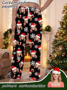 Customized Women's Christmas Pajama Pants, Snowflake & Christmas Icon Print, Comfortable Home Long Pants, Christmas Gift - Multicolor - View 1