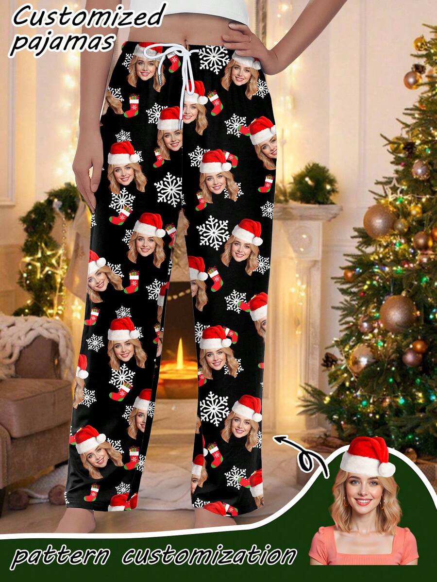 Customized Women's Christmas Pajama Pants, Snowflake & Christmas Icon Print, Comfortable Home Long Pants, Christmas Gift - Multicolor - View 1