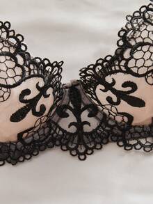 Set de lenjerie intimă neagră, sexy, cu plasă și broderie, retro, elegant, cu bretele asimetrice, sutien bandeau pentru femei.