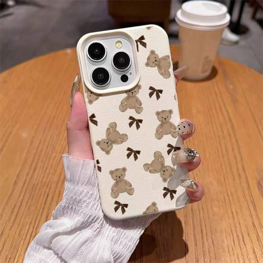 1pc TPU Material Cute Plush Brown Bow Teddy Bear Full Screen Pattern Phone Case Compatible With Apple/ Phones - White - View 1