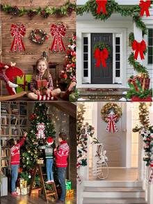 圣诞派对装饰蝴蝶结、圣诞树挂饰，适用于窗户、楼梯栏杆、壁炉、墙壁、入口通道、节日家居装饰 - 彩色 - 查看 11