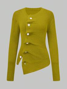 GLOURI Women's Sweater - Front Button Knit Top With Asymmetric Hem & Round Neck | Office To Weekend Pullover For Business Casual (Medium Stretch) - Mustard Yellow - View 2