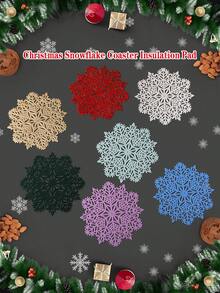 1/6pcs Christmas Snowflake Coasters, Heat Insulation Coasters For Christmas Party Table Decoration, Christmas Scene Decor Coasters, PVC Foil Snowflake Coasters