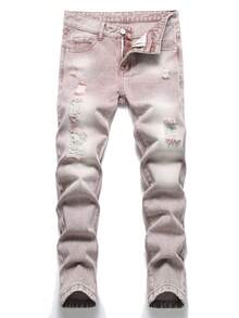 3 Pieces/Set Young Boys Retro Worn Casual Soft Basic Simple Style, Blue, Black, Pink Color, Denim Mid-Rise Pants - Pink - View 3