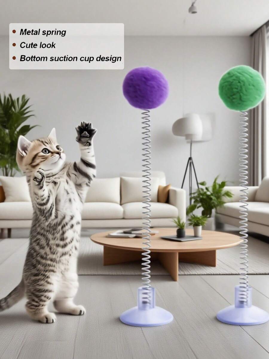 Random Color Suction Cup Cat Teaser Wand, Random Color Strong Suction Cup Cat Toy, Plush Ball + Spring Lollipop, Pet Toy, Suitable For Lively Play, Satisfy Cat's Nature, Multiple Styles, Suitable For Cats, Release Cat's Instinct
