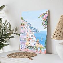 1pc, Canvas Framed Wall Art, Positano Coast Artwork, Pink Villa Decorative Painting, Mediterranean Style Decor, Italian Coastal Scenery, Folk Art Style, Spring Wall Art, Fashionable Home Decor, Room Decor, Bedroom Decor, Dormitory Decor, Living Room Decor